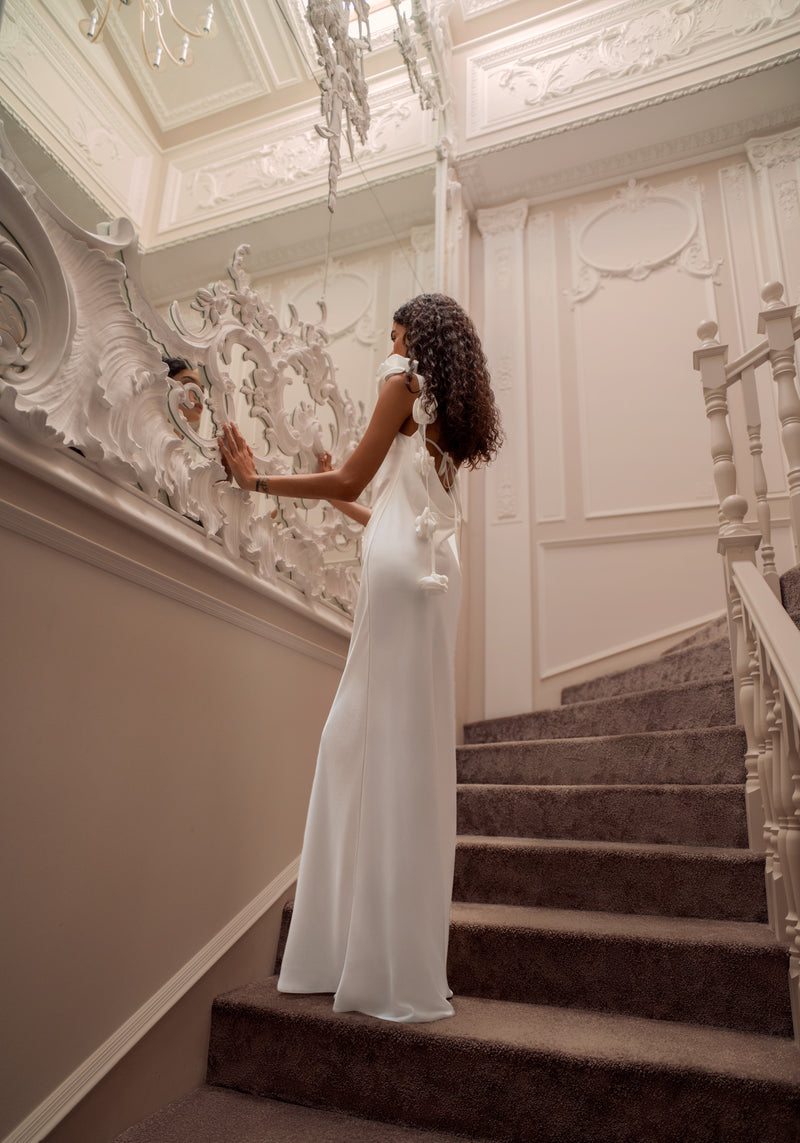 Minimalist Silk Column Wedding Dress with Floral Shoulder Accent