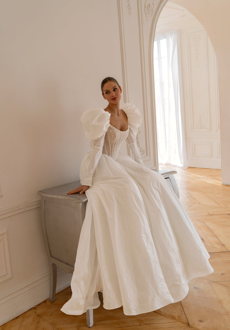 knee length dresses for ladies Royal Natural Taffeta and Lace Ball Gown Wedding Dress with Puff Sleeves and Beaded Corset