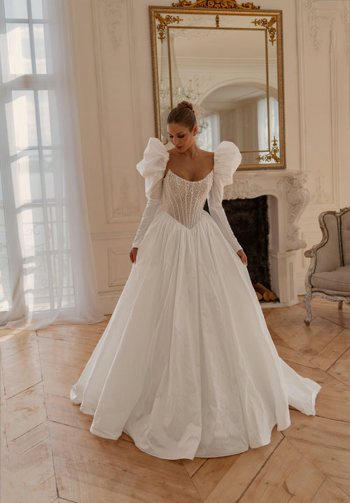 Royal Natural Taffeta and Lace Ball Gown Wedding Dress with Puff Sleeves and Beaded Corset | Harem’s Brides