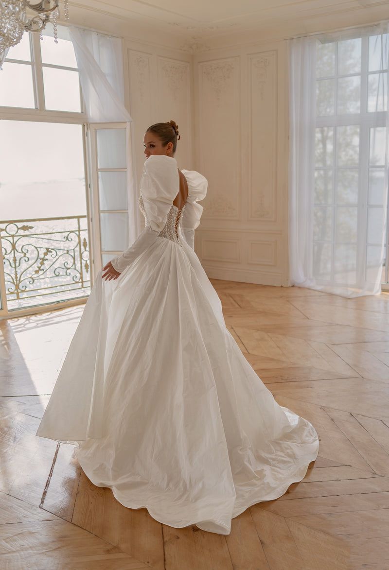 Royal Natural Taffeta and Lace Ball Gown Wedding Dress with Puff Sleeves and Beaded Corset