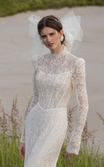 Long Sleeve High-Neck Mermaid Lace Wedding Dress with Open Back