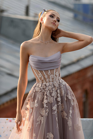 3D Flower Detail Strapless Midi Dress – HAREM's Brides