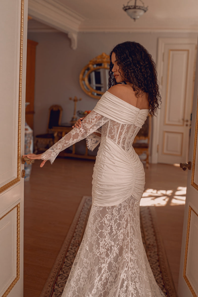 Off-Shoulder Lace Corset Wedding Dress with Draped Knit Details | Scul HAREM's Brides Off-Shoulder Lace Corset Wedding Dress with Draped Knit Details | Scul HAREM's Brides