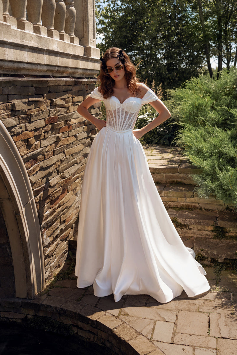 Off-Shoulder A-Line Corset Wedding Dress with Long Train HAREM's Brides Off-Shoulder A-Line Corset Wedding Dress with Long Train HAREM's Brides