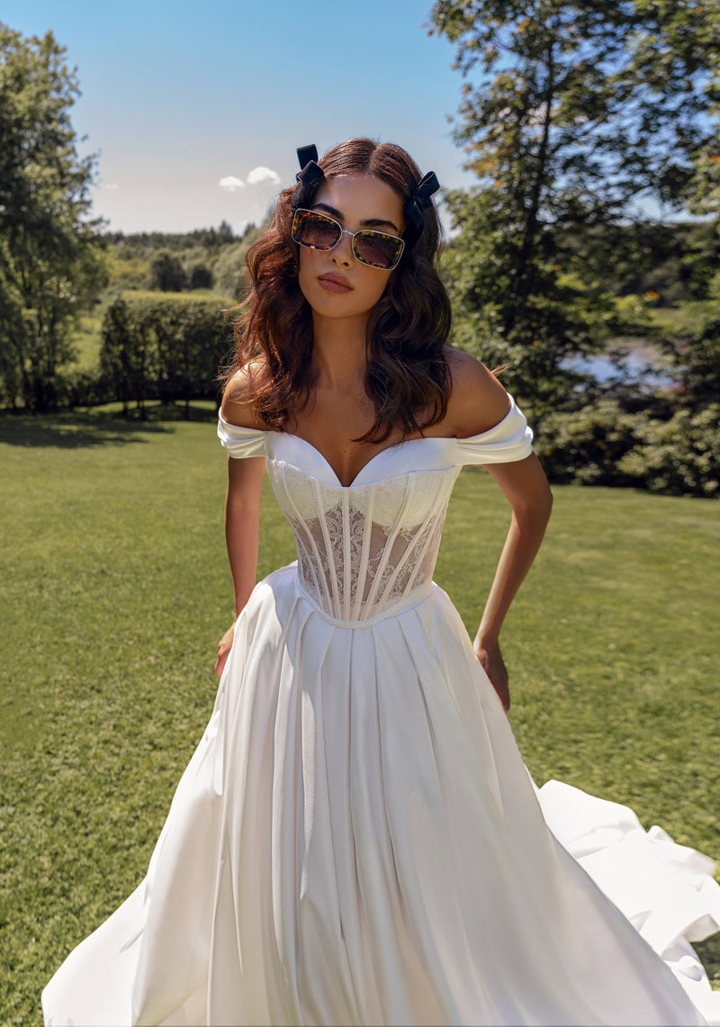 Off-Shoulder A-Line Corset Wedding Dress with Long Train HAREM's Brides Off-Shoulder A-Line Corset Wedding Dress with Long Train HAREM's Brides