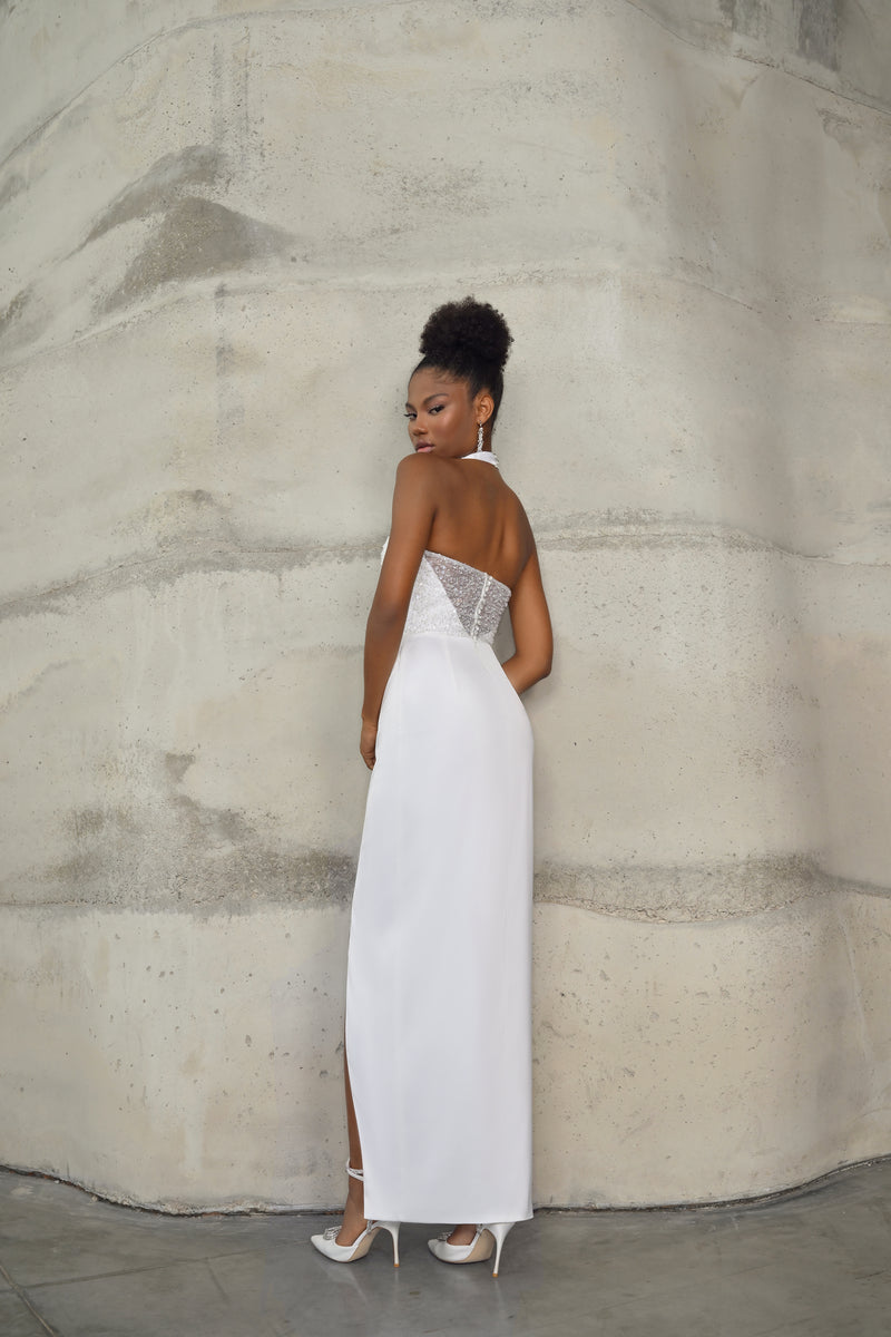 White Halter Neck Glitter Silk White Dress with Jacket HAREM's Brides White Halter Neck Glitter Silk White Dress with Jacket HAREM's Brides