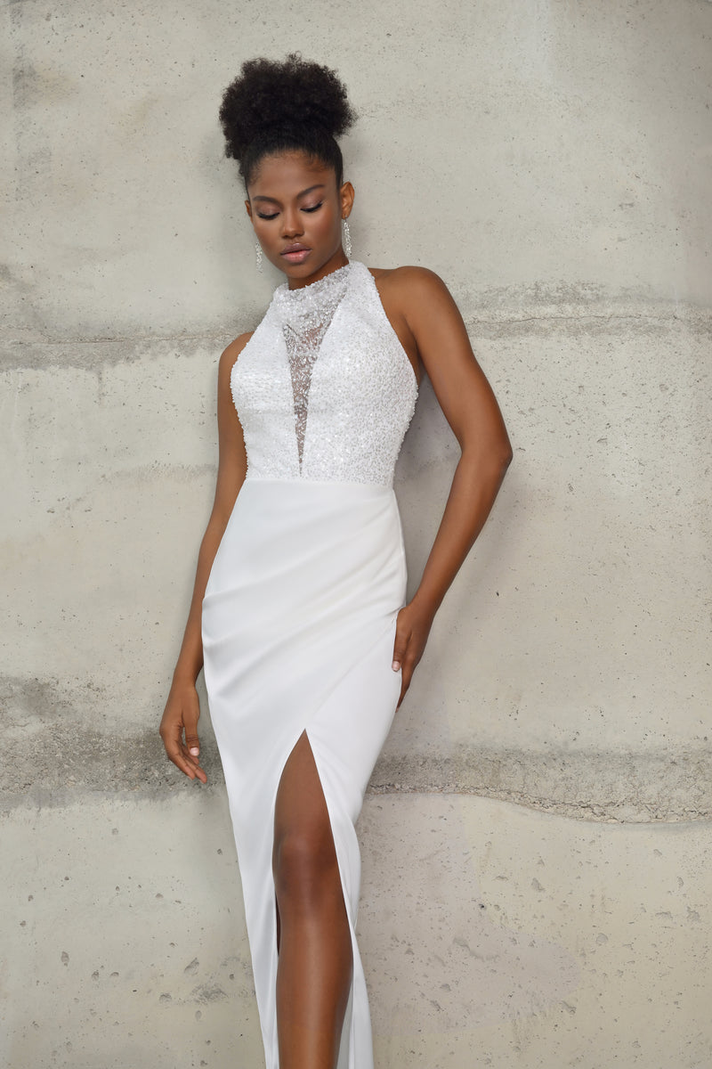 White Halter Neck Glitter Silk White Dress with Jacket HAREM's Brides White Halter Neck Glitter Silk White Dress with Jacket HAREM's Brides