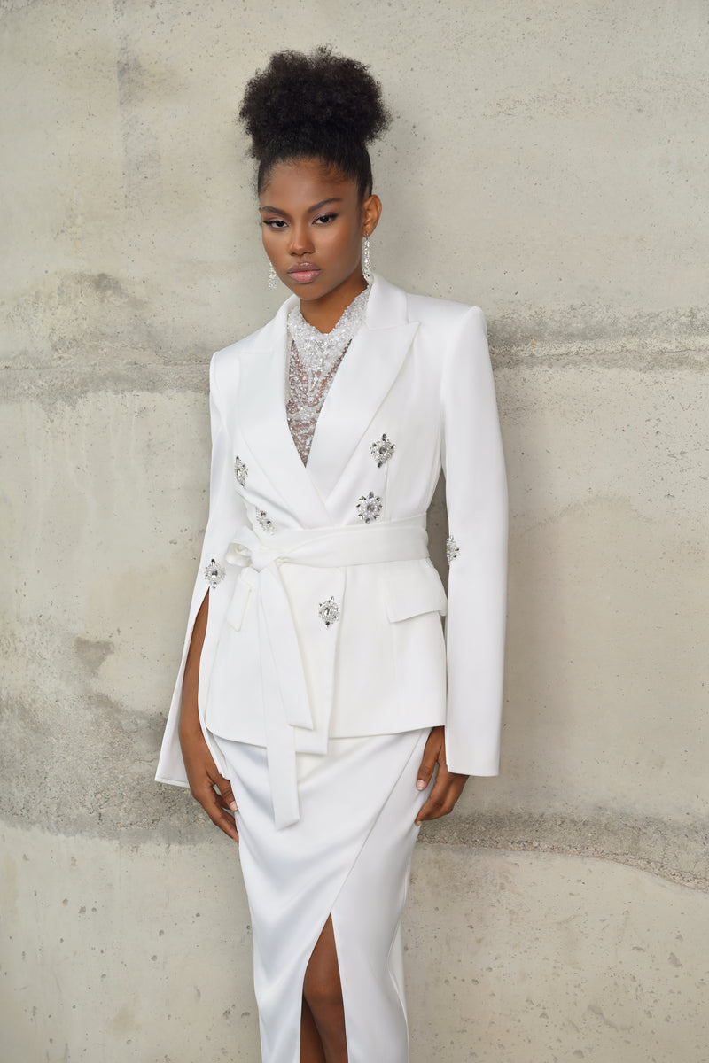 White Halter Neck Glitter Silk White Dress with Jacket HAREM's Brides White Halter Neck Glitter Silk White Dress with Jacket HAREM's Brides