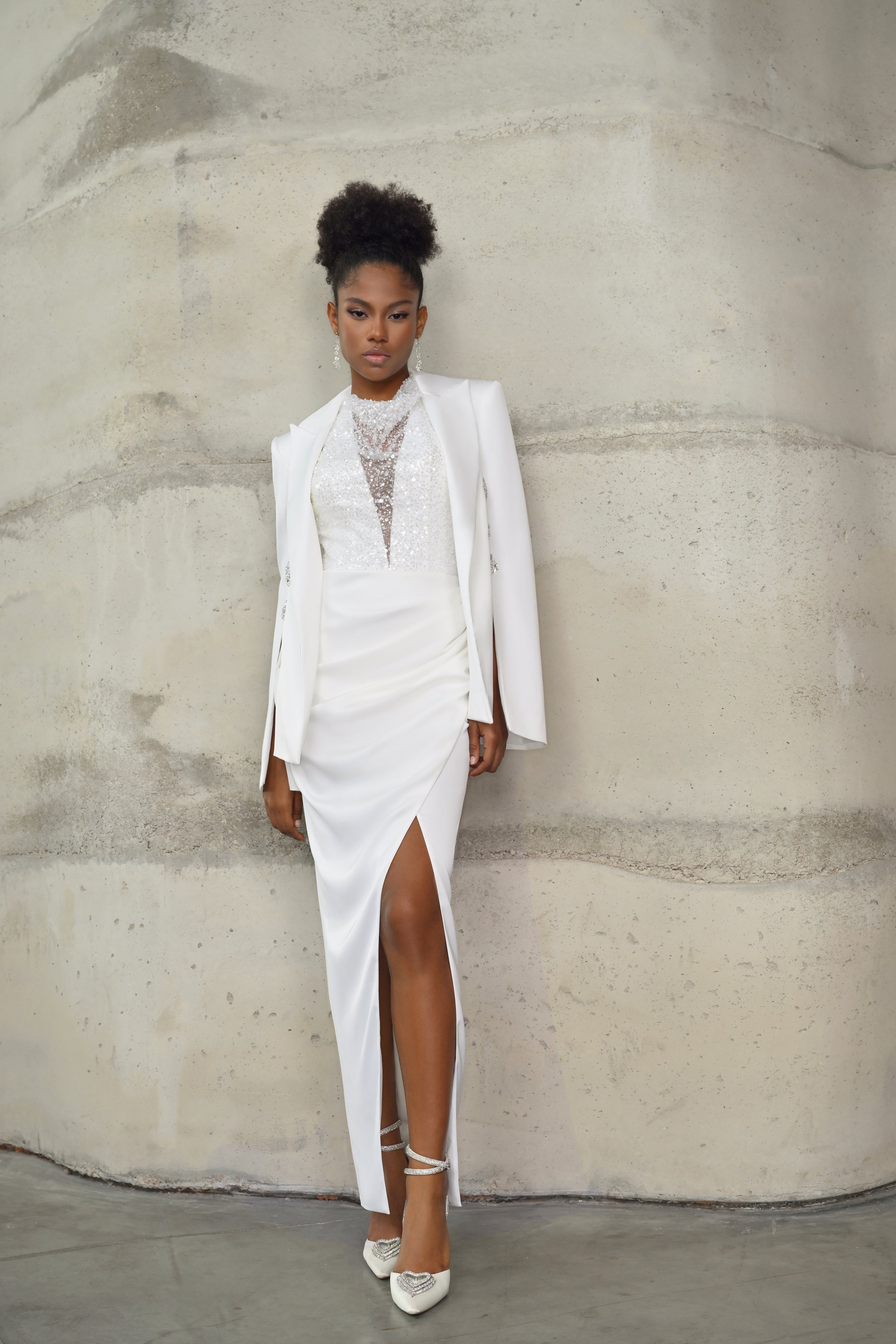 White Halter Neck Glitter Silk White Dress with Jacket – HAREM's Brides