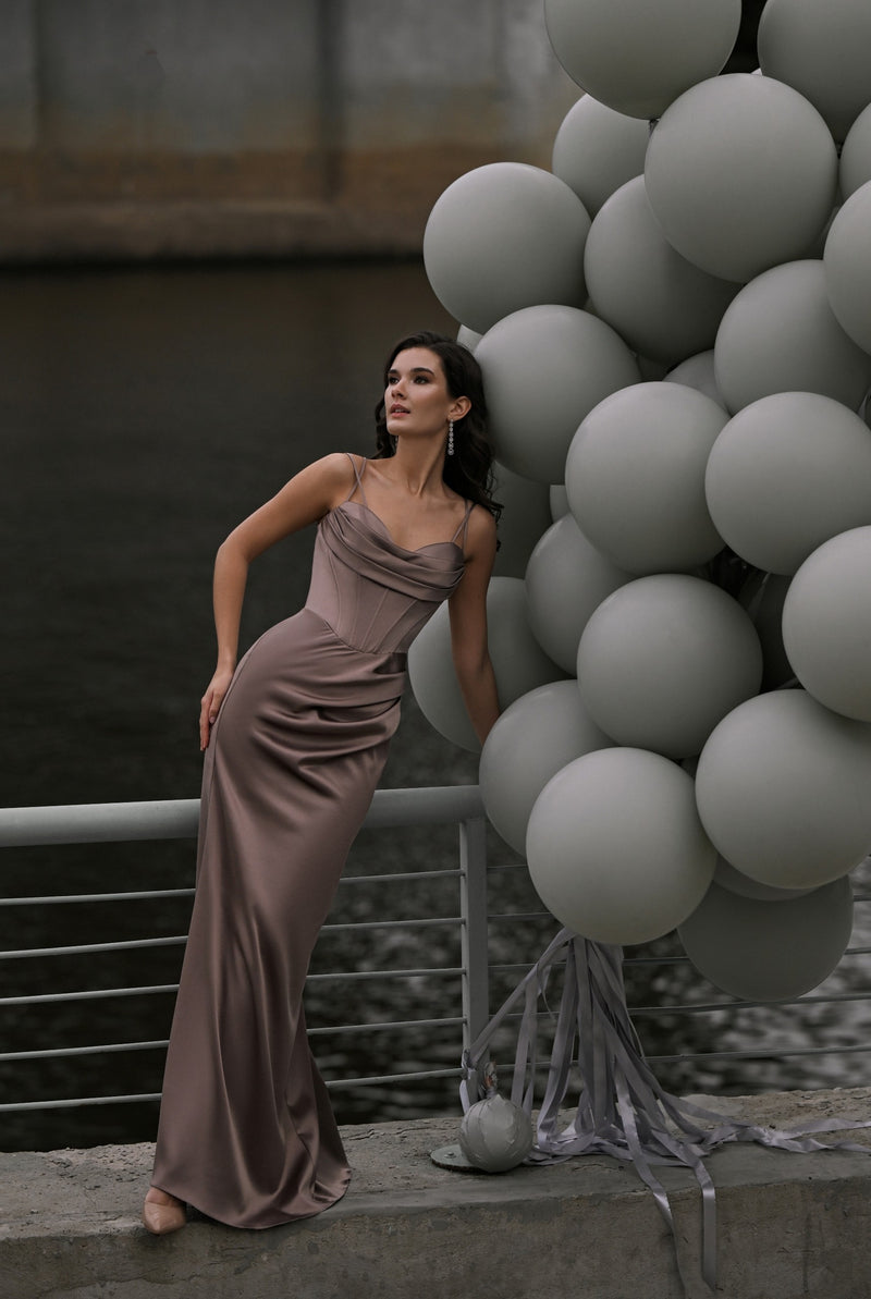 Satin Corset-Style Cowl Neck Evening Dress | Sculpted Serenity HAREM's Brides Satin Corset-Style Cowl Neck Evening Dress | Sculpted Serenity HAREM's Brides