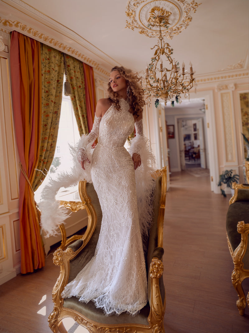 chinese dress ladies New Arrival Crystal Embroidery Lace and Feather Mermaid Dress Ivory / 16 / 100cm