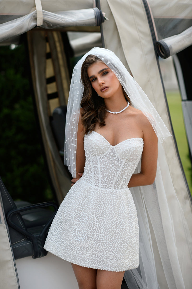 Luxe Sparkle Strapless Mini Bridal Dress – HAREM's Brides Luxe Sparkle Strapless Mini Bridal Dress – HAREM's Brides