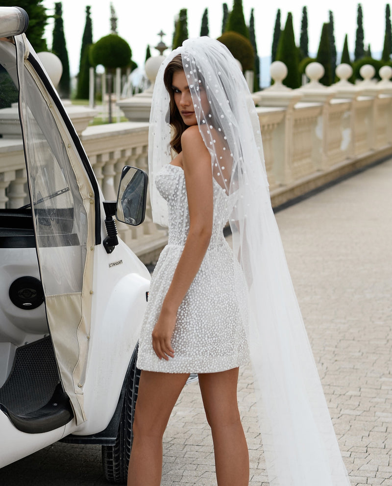 Luxe Sparkle Strapless Mini Bridal Dress