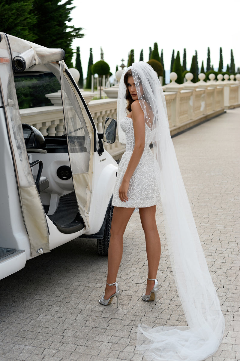 Luxe Sparkle Strapless Mini Bridal Dress