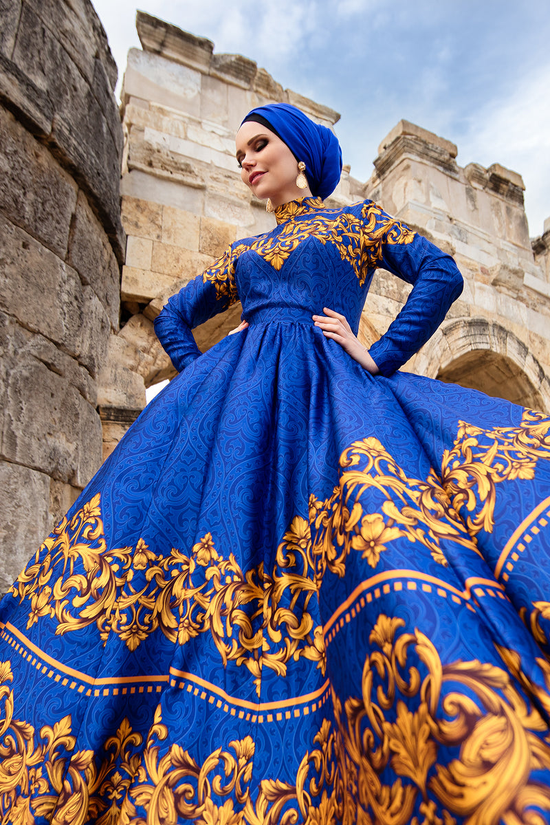 Royal Blue Modest Dress with Oriental Fabric HAREM's Brides Royal Blue Modest Dress with Oriental Fabric HAREM's Brides
