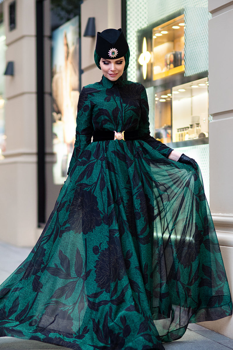 High Neck Green Modest Chiffon Dress