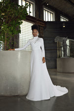 Modest High Neck Long Sleeve Minimalist Wedding Dress with Long Train