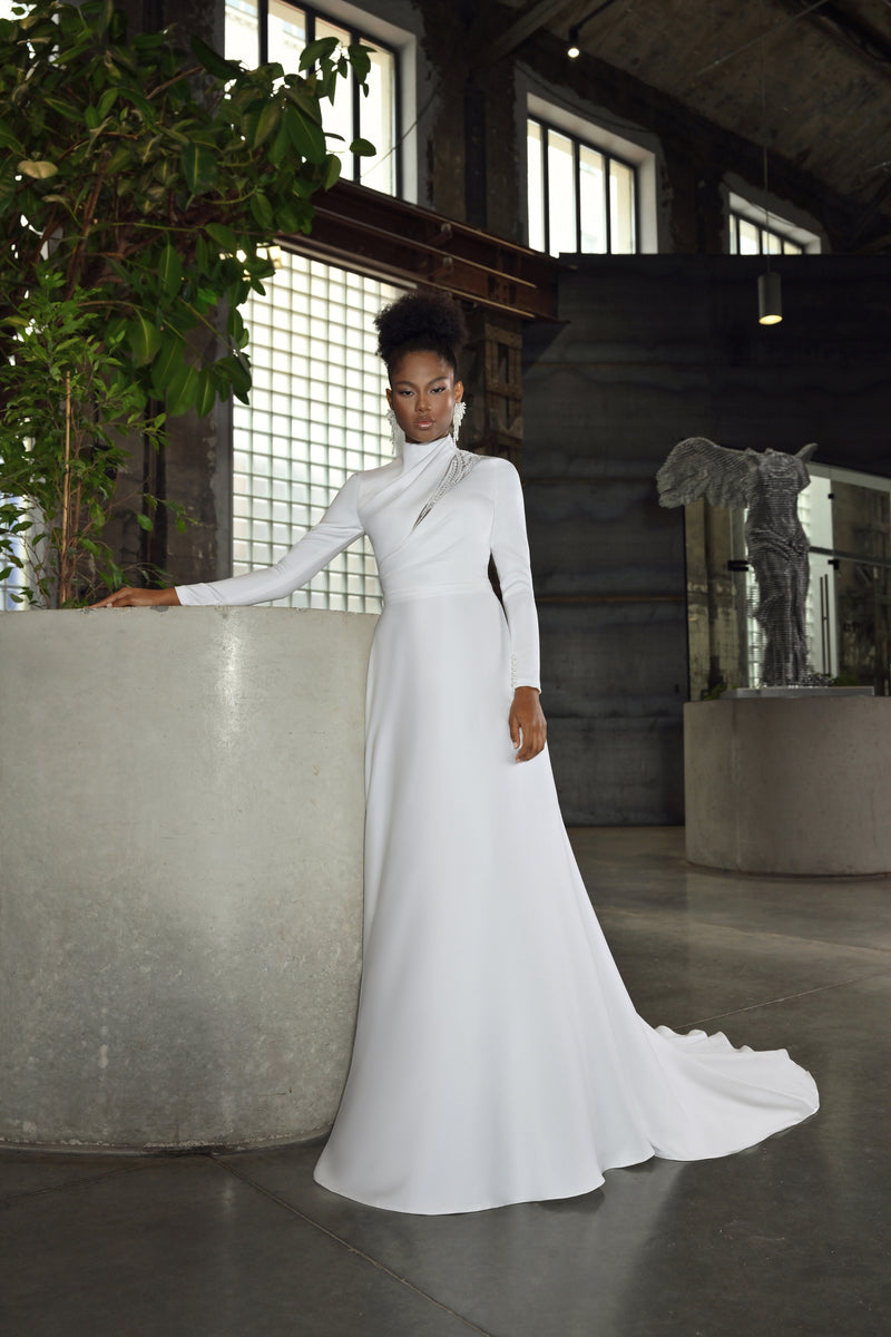 Modest High Neck Long Sleeve Minimalist Wedding Dress with Long Train