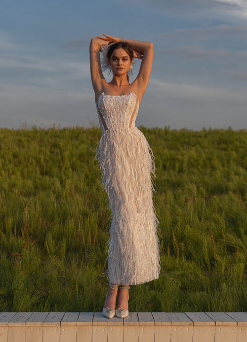 Strapless Fringe Pearly Bridal Dress