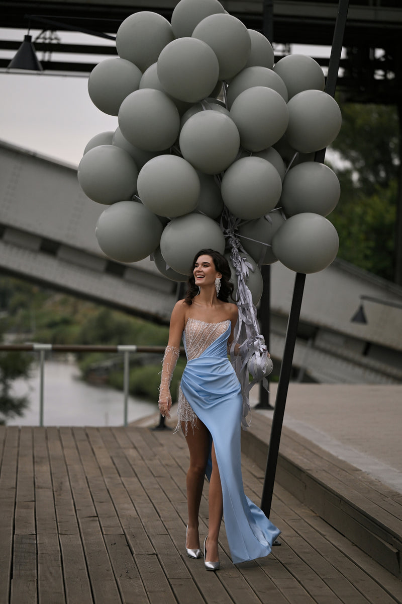 Asymmetric Beaded Lace & Silk High-Slit Evening Dress | Celestial Gl HAREM's Brides Asymmetric Beaded Lace & Silk High-Slit Evening Dress | Celestial Gl HAREM's Brides