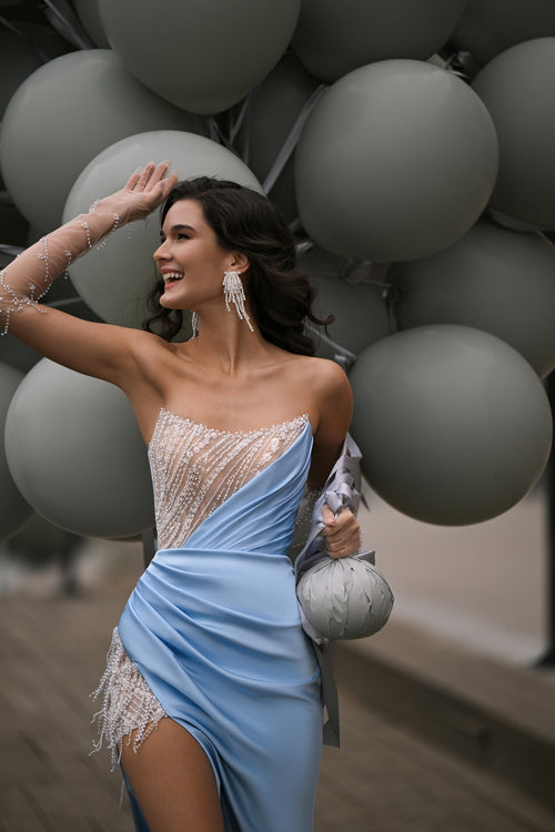 ✨ Asymmetric Beaded Lace & Silk High-Slit Evening Dress | Celestial Glow