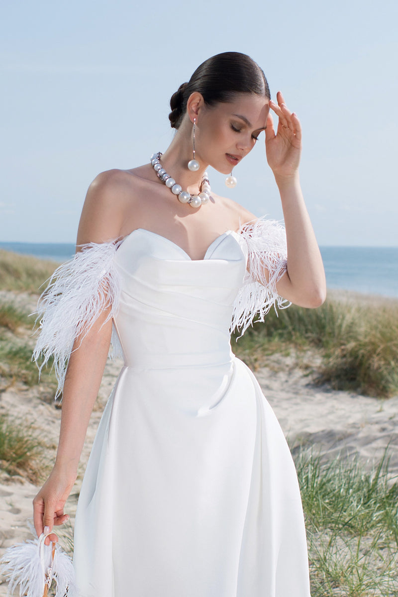 Mikado A-Line Wedding Dress with Removable Feather Straps