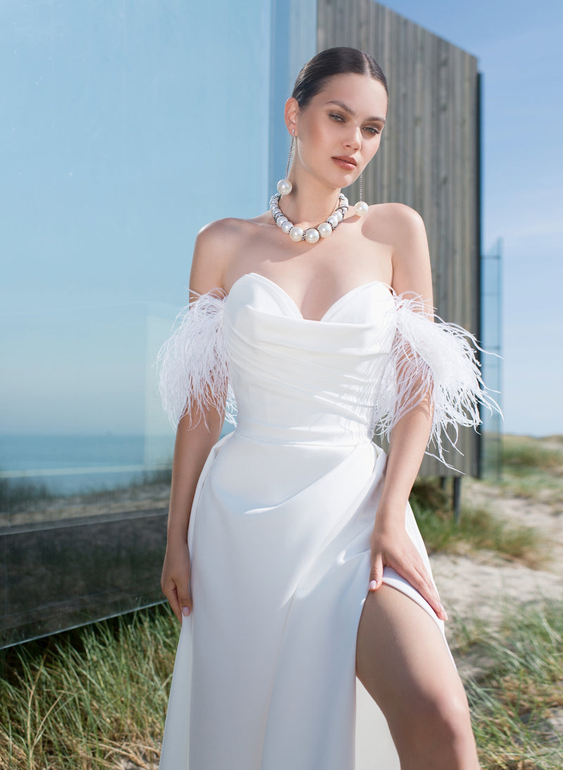 Mikado A-Line Wedding Dress with Removable Feather Straps HAREM's Brides Mikado A-Line Wedding Dress with Removable Feather Straps HAREM's Brides
