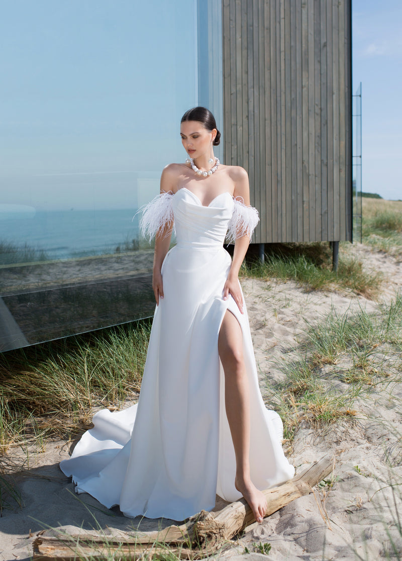 Mikado A-Line Wedding Dress with Removable Feather Straps HAREM's Brides Mikado A-Line Wedding Dress with Removable Feather Straps HAREM's Brides