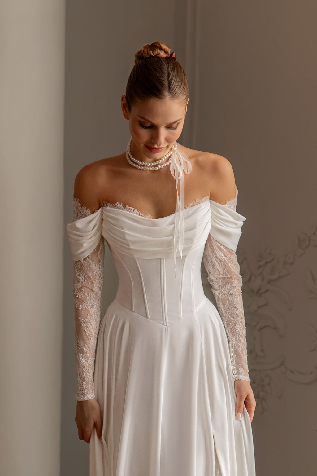 satin long sleeve off the shoulder wedding dress Off-Shoulder Wedding Dress in George Crepe and Lace Sleeves