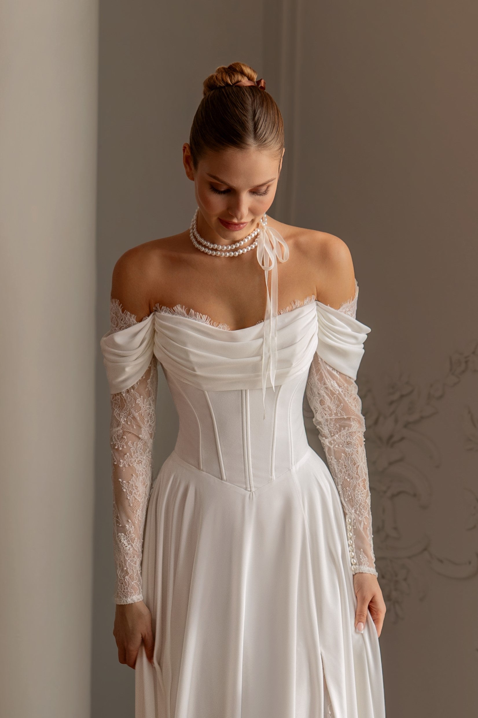 Off-Shoulder Wedding Dress in George Crepe and Lace Sleeves Off-Shoulder Wedding Dress in George Crepe and Lace Sleeves