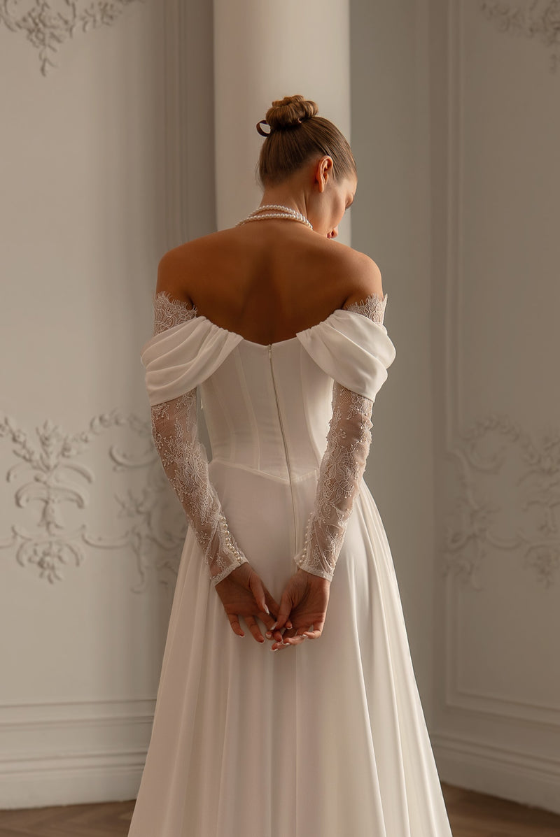 Off-Shoulder Wedding Dress in George Crepe and Lace Sleeves | Timeless Elegance by Harems Brides EU36 Off-Shoulder Wedding Dress in George Crepe and Lace Sleeves | Timeless Elegance by Harems Brides EU36