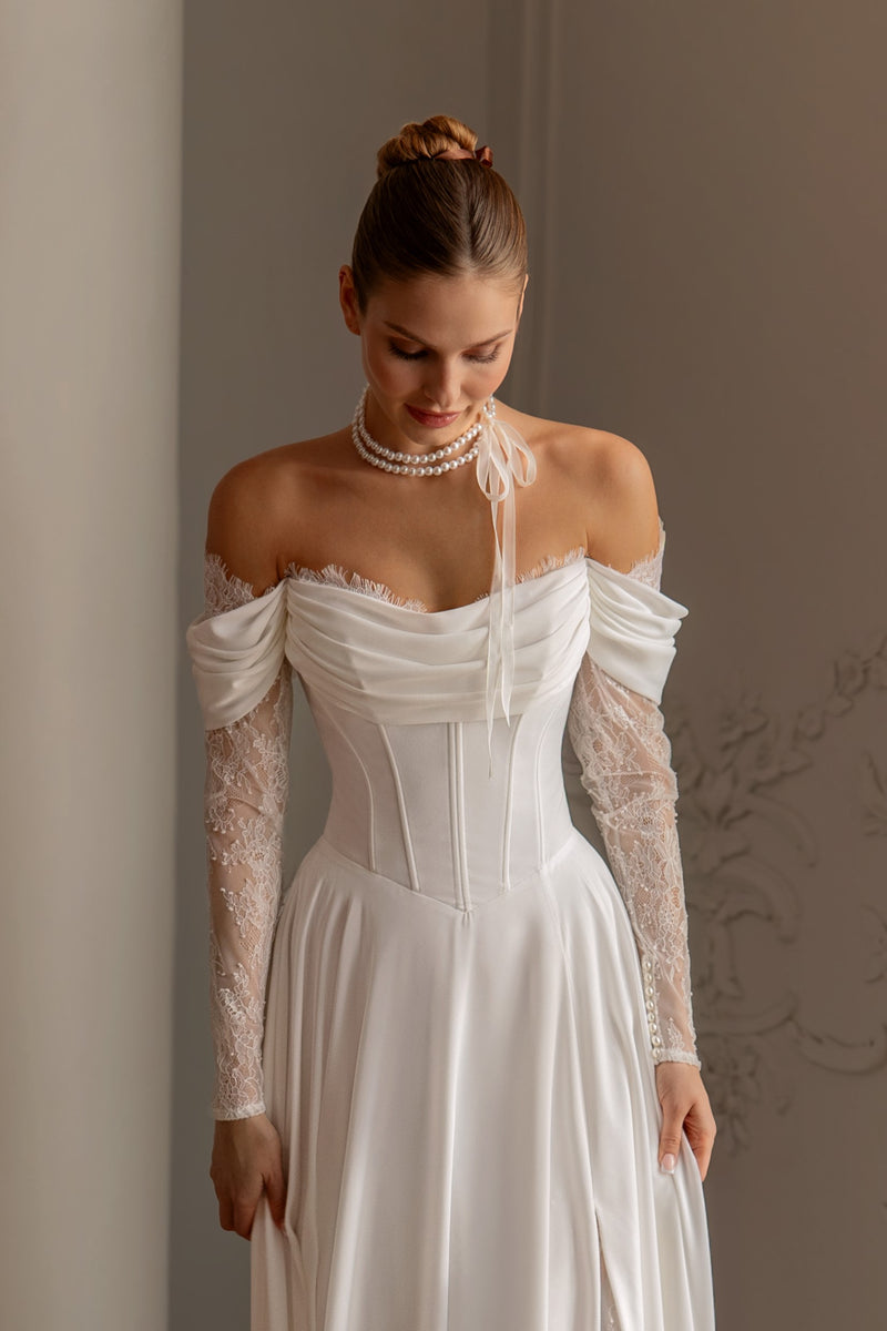 chinese dress ladies Crepe and Lace Fit and Flare Dress with Illusion Scalloped Train (Size –  Bergamot Bridal main image 0