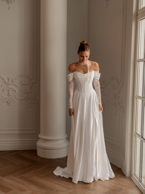Off-Shoulder Wedding Dress in George Crepe and Lace Sleeves | Timeless Elegance by Harem’s Brides