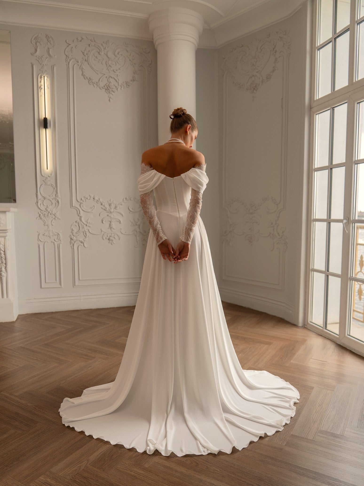 off-the-shoulder buttoned back crepe wedding dress Off-Shoulder Crepe Mermaid Wedding Dress: Custom Button-Back Bridal Gown