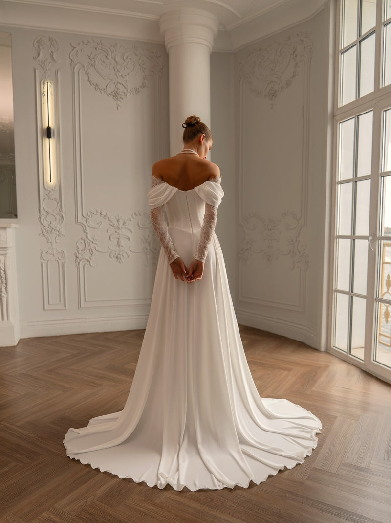 Off-Shoulder Wedding Dress in George Crepe and Lace Sleeves | Timeless Elegance by Harems Brides EU36