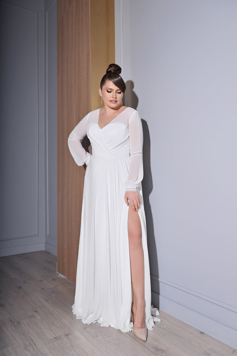 Long Sleeves A-Line Wrap Plus Size Bridal Dress