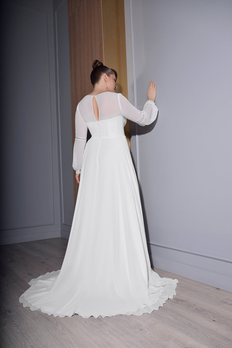 Long Sleeves A-Line Wrap Plus Size Bridal Dress