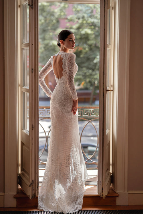 Robe de mariée sirène en dentelle à manches longues avec traîne amovible