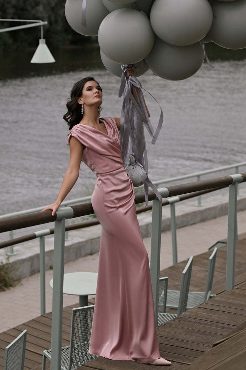 romance high satin maxi dress Draped Silk V-Neck Evening Dress with High Slit