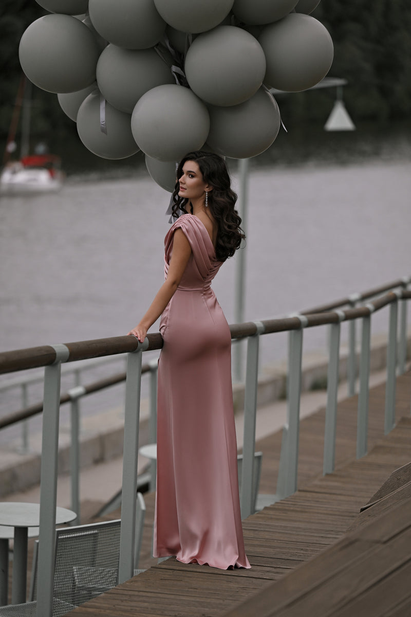 romantic silk dress Draped Silk V-Neck Evening Dress with High Slit