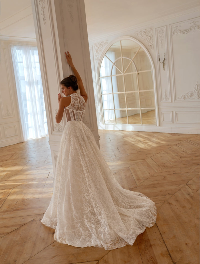 High-Neck Lace A-Line Wedding Dress with Corset Bodice | Modern Romanc HAREM's Brides High-Neck Lace A-Line Wedding Dress with Corset Bodice | Modern Romanc HAREM's Brides