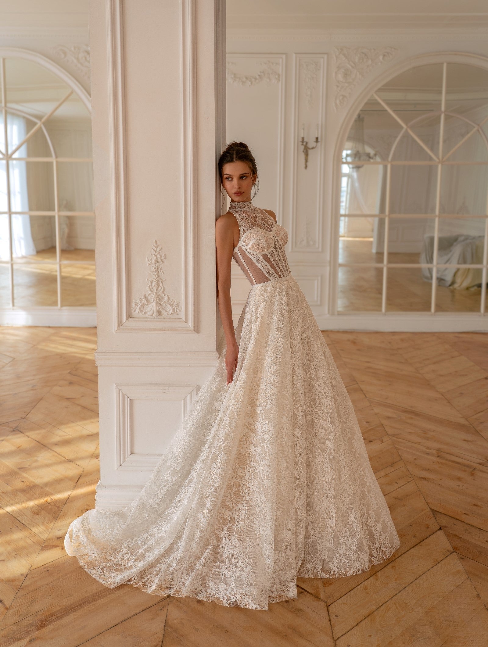 High-Neck Lace A-Line Wedding Dress with Corset Bodice | Modern Romanc HAREM's Brides High-Neck Lace A-Line Wedding Dress with Corset Bodice | Modern Romanc HAREM's Brides