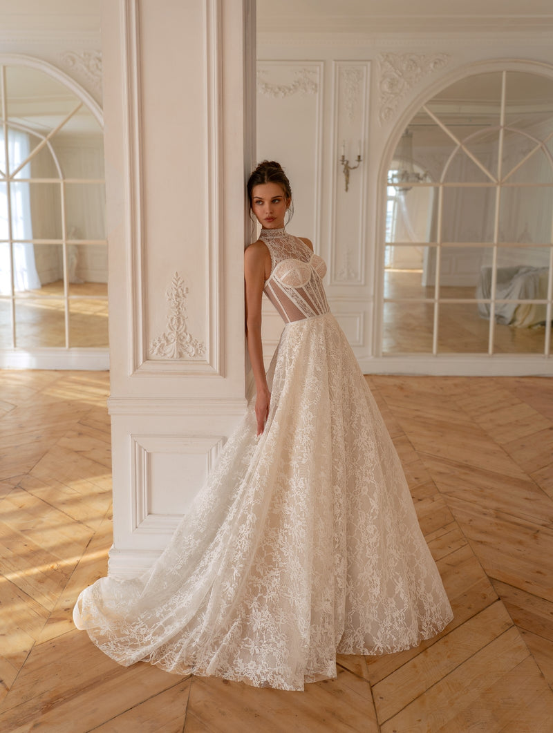 High-Neck Lace A-Line Wedding Dress with Corset Bodice