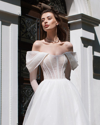 off shoulder fairy wedding dress Fairy A Line Off the Shoulder Tulle Wedding Dresses with Appliques Custom Color main image 1