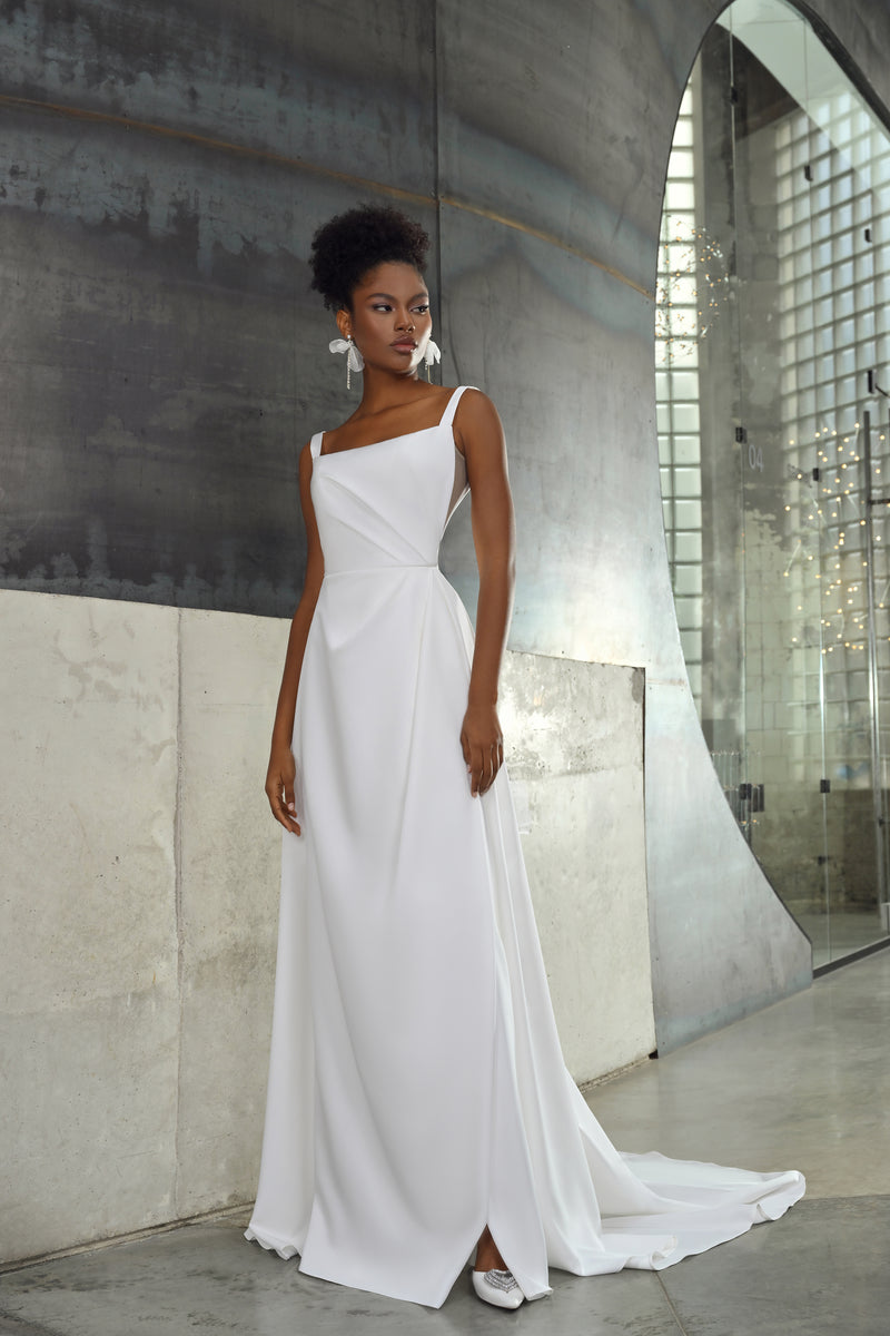 Robe de mariée trapèze minimaliste à encolure carrée avec manches amovibles