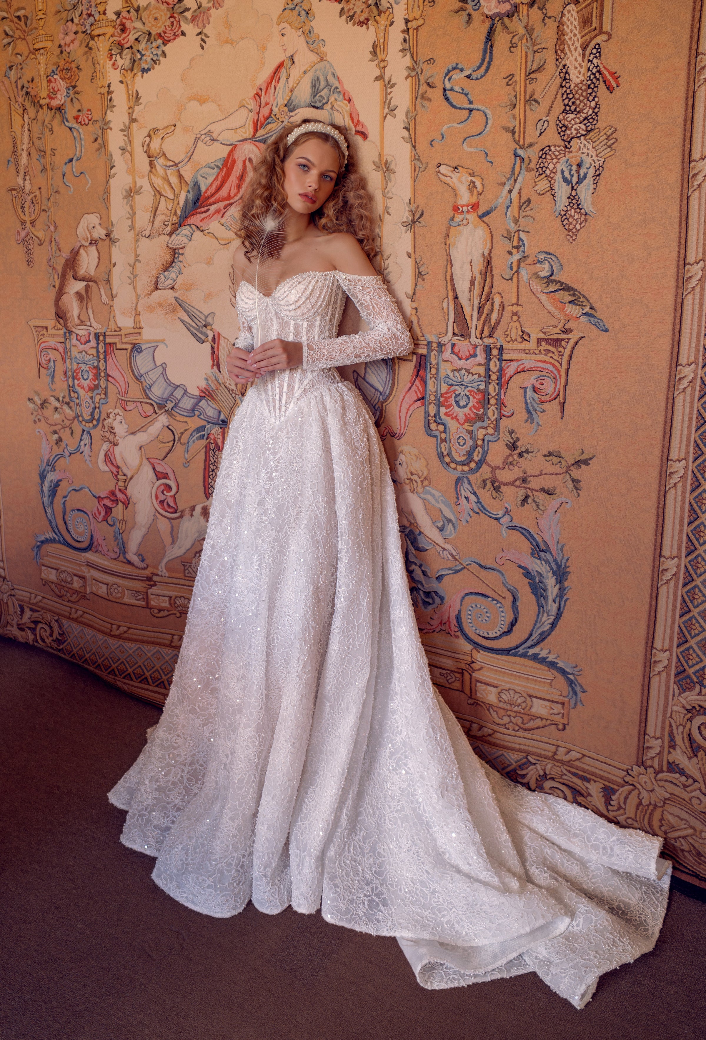 A-Line Pearl-Embroidered Lace Corset Wedding Dress