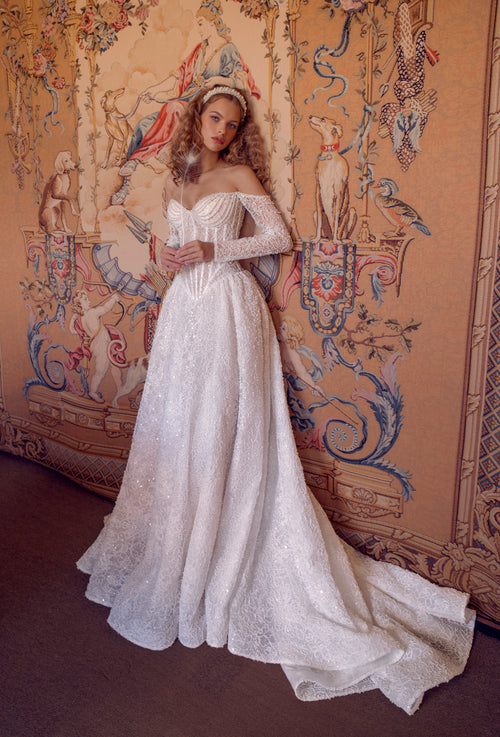 A-Line Pearl-Embroidered Lace Corset Wedding Dress | Whispers of Grace Couture