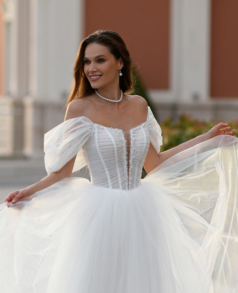 Off-Shoulder Glitter Ball Gown Wedding Dress