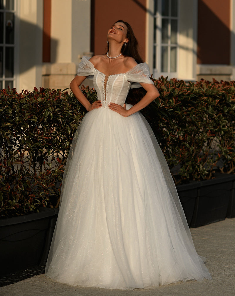 off shoulder ball dress A-line Off-the-Shoulder Applique Corset Beaded Tulle Ruffle Prom Dress with Slit S8353P - Prom Dresses