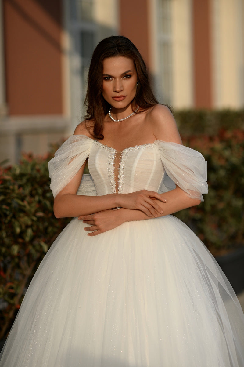 Off-Shoulder Glitter Ball Gown Wedding Dress